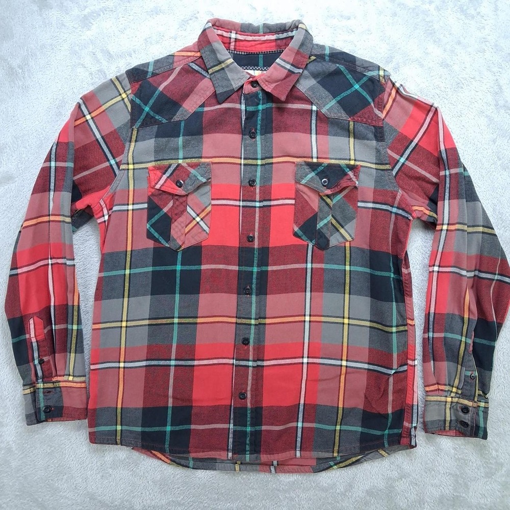 OP Mens Plaid Flannel Shirt Red Black Western Long Sleeve Cotton Large